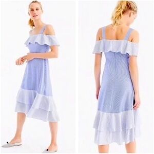 J. Crew 100% Silk Blue Striped Off-Shoulder Dress Size 0 Blue Silk Midi Summer
